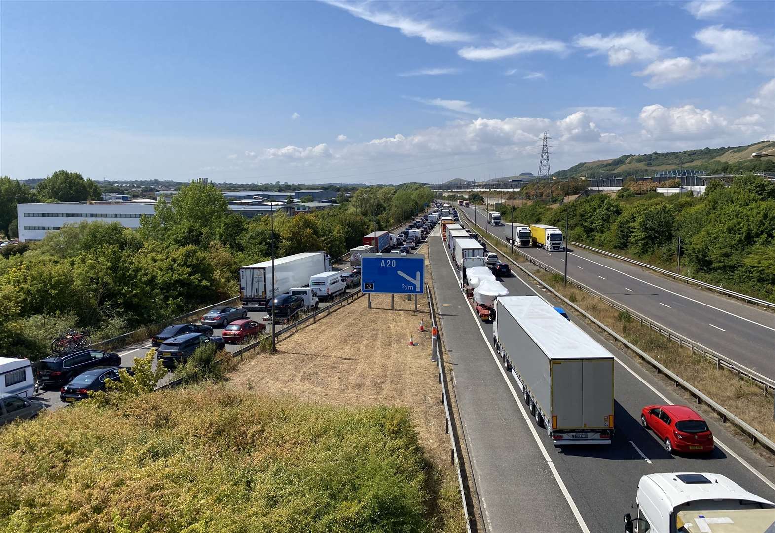 Traffic queuing at the Eurotunnel terminal in Folkestone yesterday