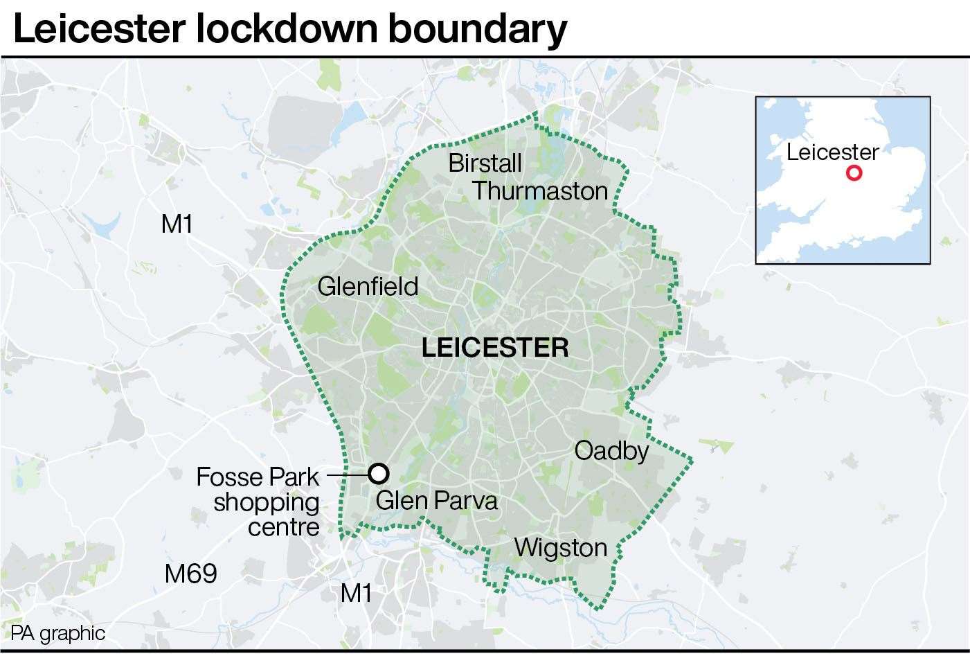 Leicester lockdown boundary (PA Graphics)