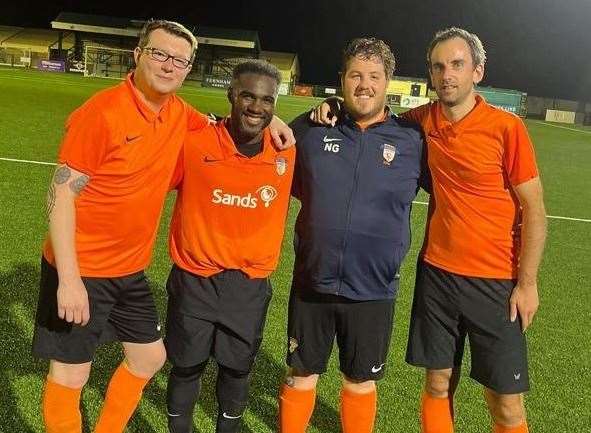 From left, James Cruttwell, ex-Gills striker Dean McDonald, Nick Gutteridge and Tom Jasper at a Sands match