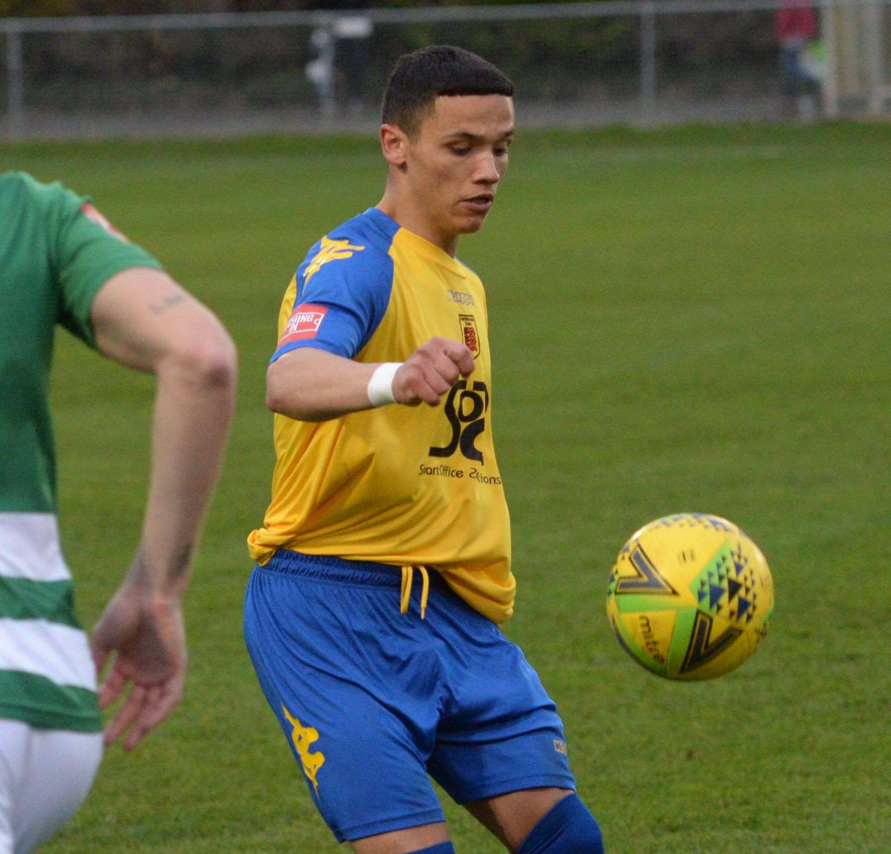 Faversham's Eddie Allsopp has gone on trial with Harrogate this week while team-mate Benedict Bioletti has been trying to earn a deal with Colchester. Picture: Chris Davey