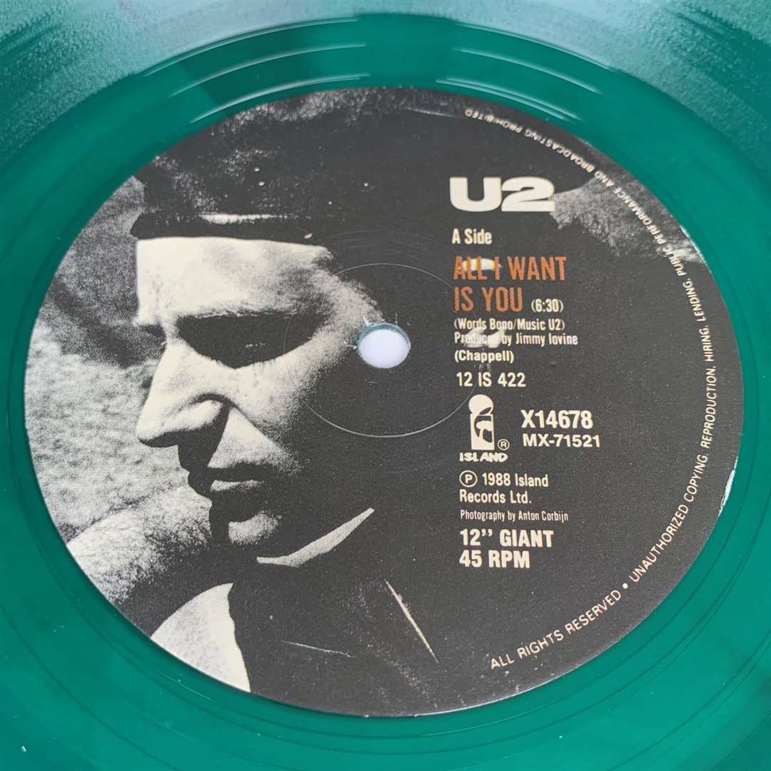 A rare Australian green vinyl 12" pressing for U2's All I Want Is You. Only the second known copy in existence. EIL.com sold this for £10,000. Picture Julian Thomas/EIL.com