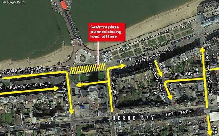 A graphic showing how the new one-way system in Herne Bay will work and where the Central Parade plaza will be