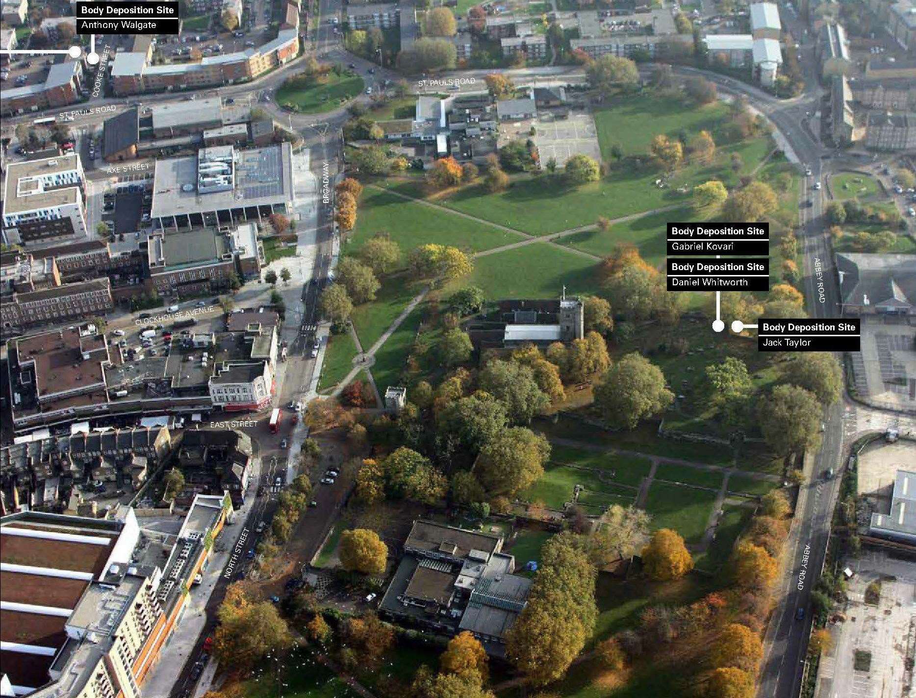 The spots where bodies were dumped by Stephen Port during his 16-month killing spree (Metropolitan Police/PA)