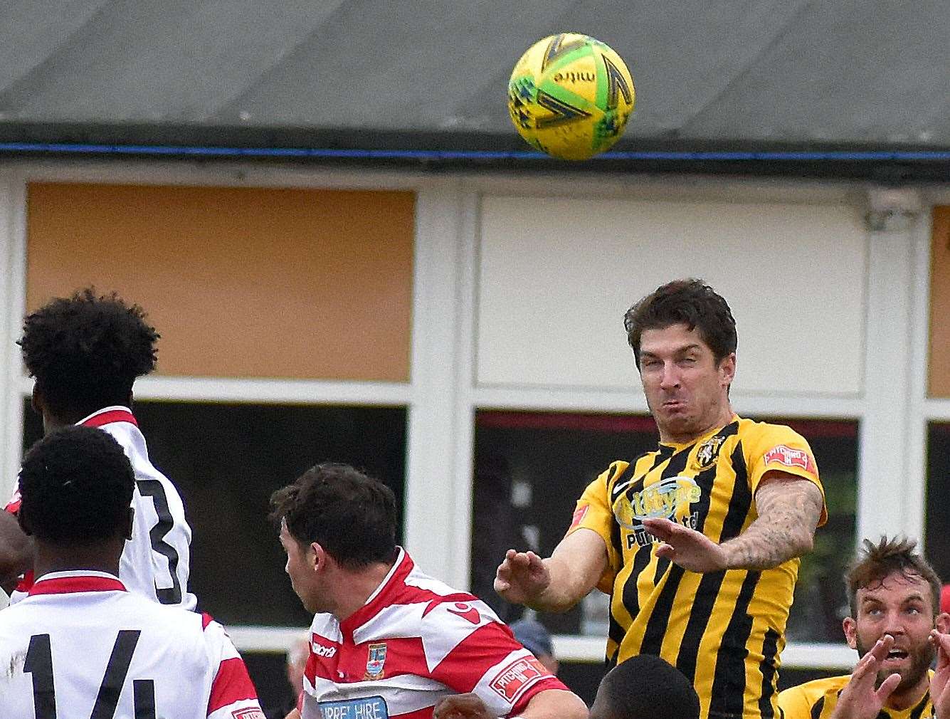 Matt Newman heads home one of his two goals during the big win. Picture: Randolph File