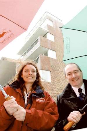 Emma Santer of Folkestone Racecourse and Paul Stone of Bouverie Place shopping centre Folkestone at the launch of the charity zip wire challenge.