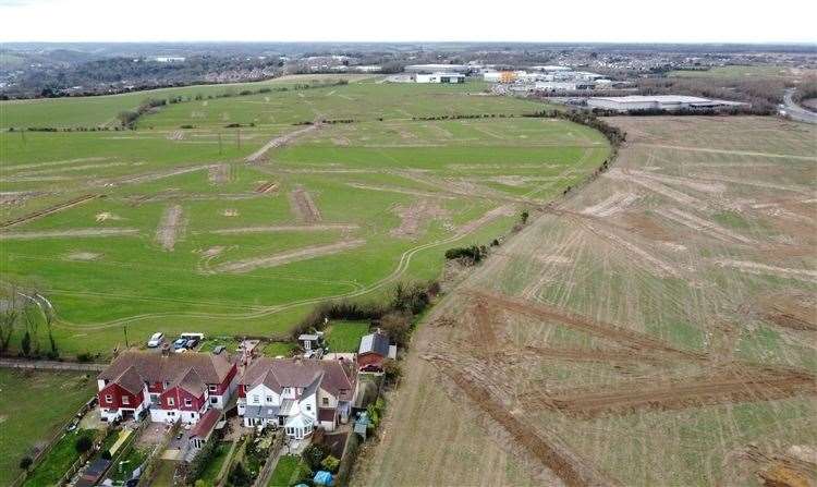 Aerial view of fields close to the village of Guston near Dover, Kent, where the inland border facility and lorry park for 1,200 trucks was meant to be built (Gareth Fuller/PA Wire)