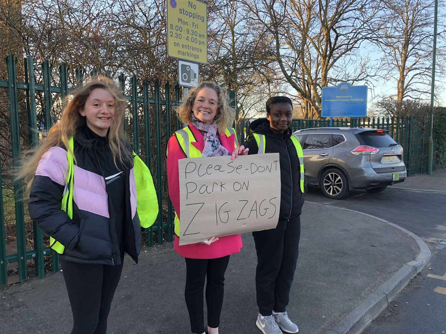 Fleetdown Primary Academy held a road safety protest to stop parents parking and crossing dangerously