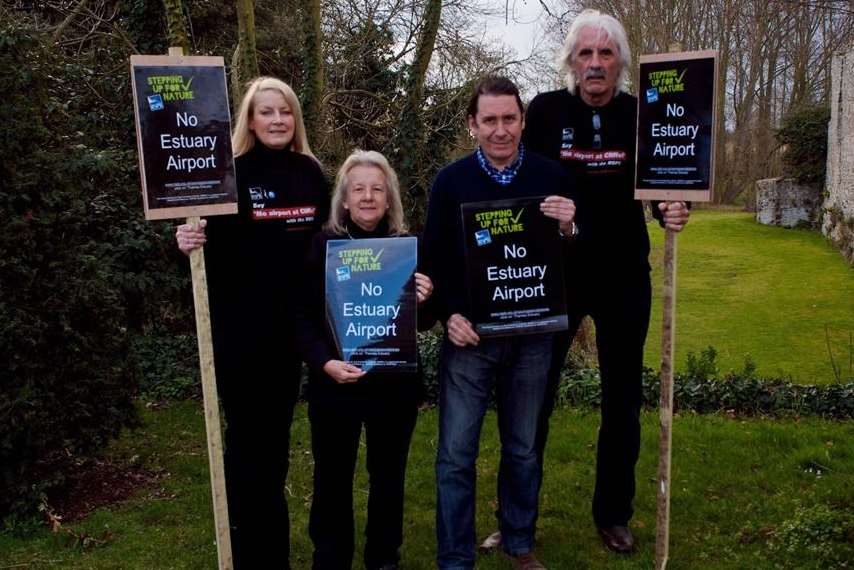 TV star Jools Holland (second from right) with anti-airport campaigners Joan Darwell, Gill Moore and George Crozer