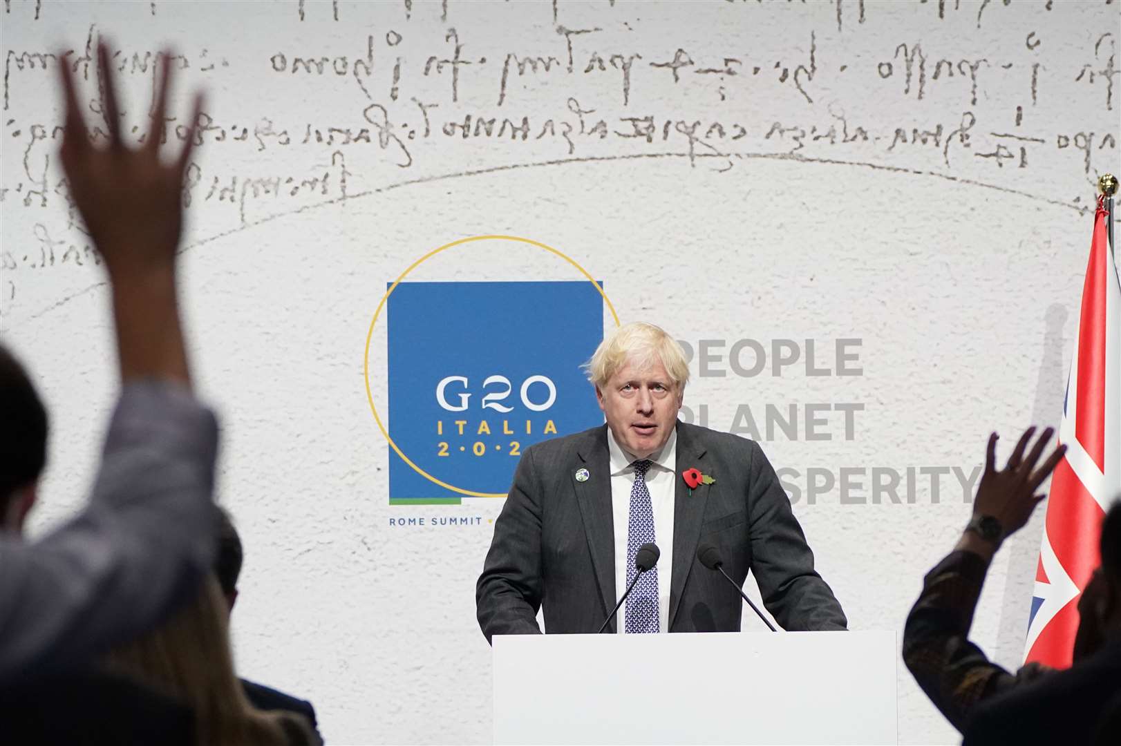 Prime Minister Boris Johnson speaks during the closing press conference at the G20 summit in Rome where he was asked about the French fishing row (Stefan Rousseau/PA)