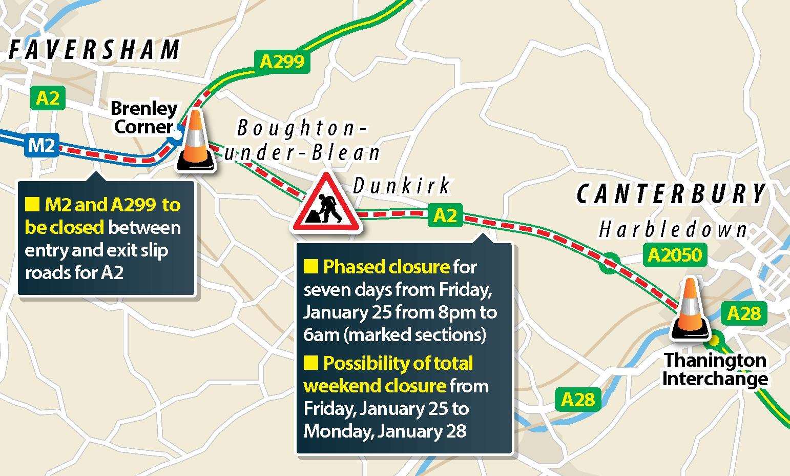 The M2/A28 road closures