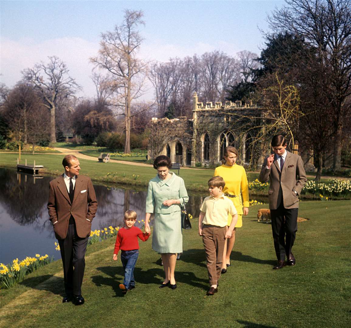 The duke with Prince Edward, the Queen, Prince Andrew, Princess Anne and Prince Charles in the grounds of Frogmore House, Windsor, in 1968 (PA)