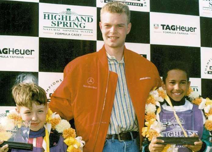 Lewis Hamilton with Jan Magnussen at Buckmore in the 1990s