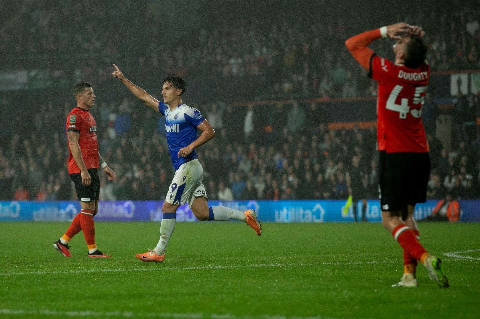 Tom Nichols scores Gillingham's second against Luton Town in a 3-2 defeat at Kenilworth Road Picture: @Julian_KPI