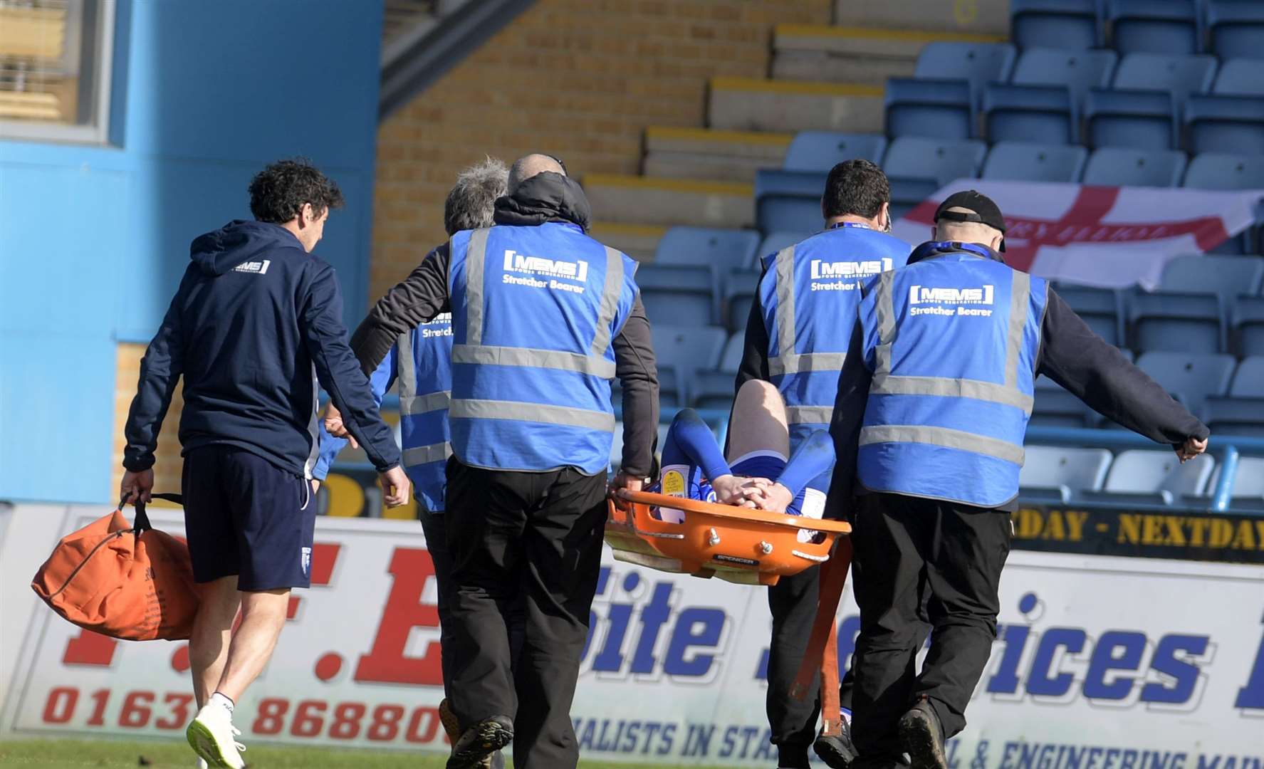 Callum Slattery is stretchered off injured in Gillingham's game against Bristol Rovers Picture: Barry Goodwin