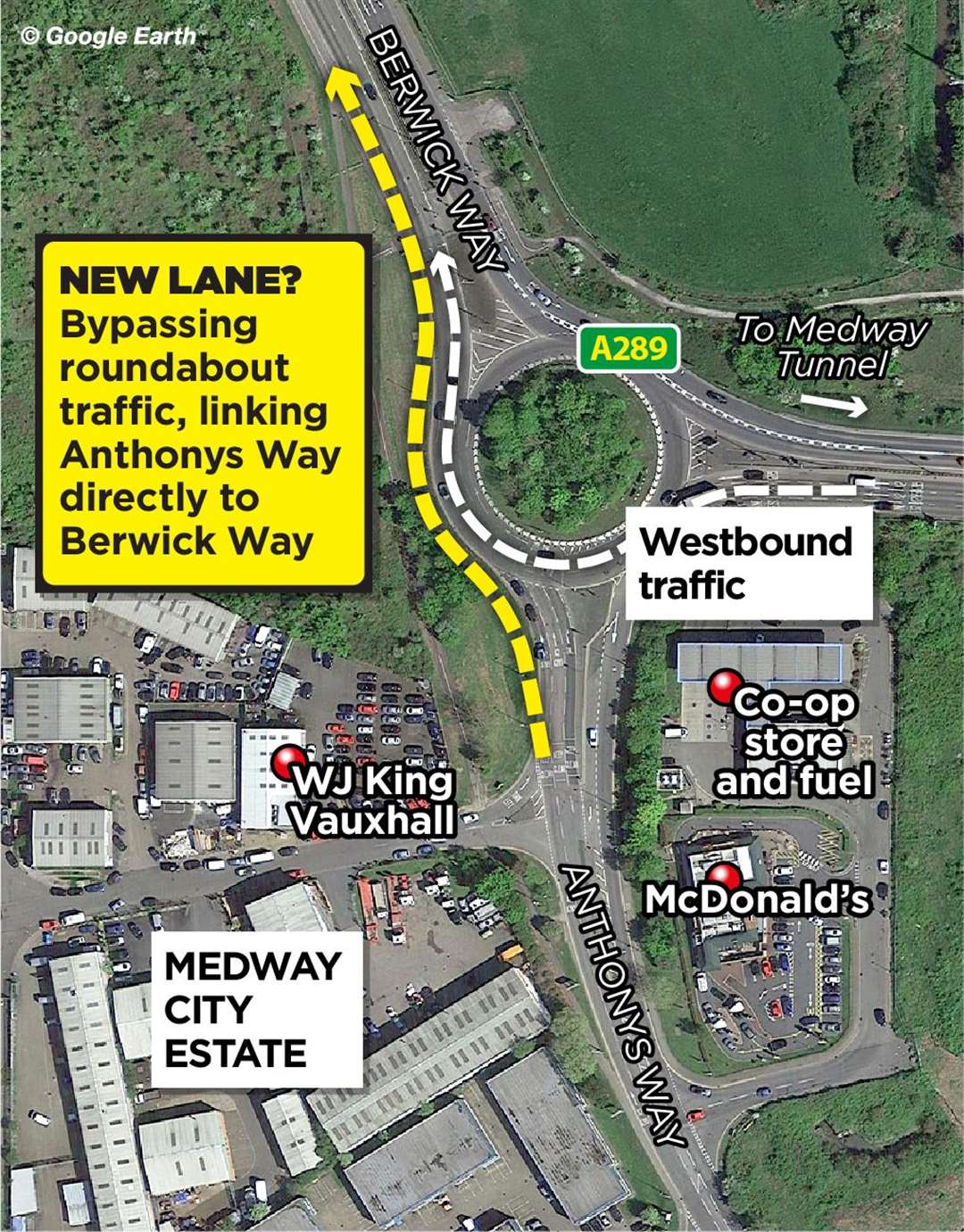 This map designed by the KM graphics team, shows the slip road will take traffic away from the roundabout on Medway City estate