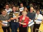 Mayor of Maidstone Denise Joy presents the trophy and P&O Ferries vouchers to the Unicorn team, winners of the Maidstone KM Big Quiz 08.