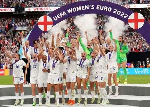 England celebrate winning the Women's Euros with Maidstone-born forward Alessia Russo front row, second from left. Picture: PA Images / Jonathan Brady