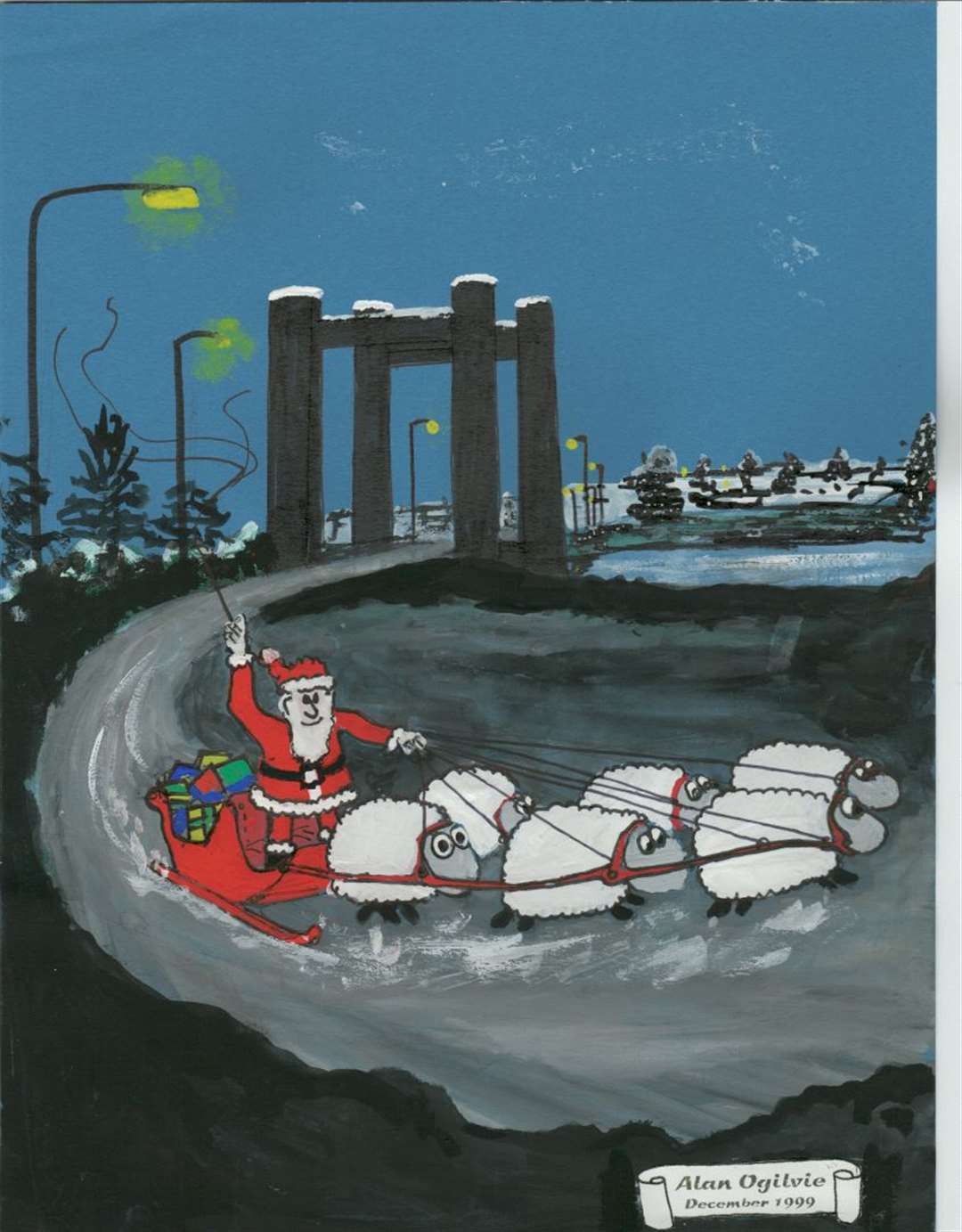 This was Alan Ogilvie's first Sheppey Christmas card from 2000 showing Santa being pulled across the old snow-capped Kingsferry Bridge by a team sheep
