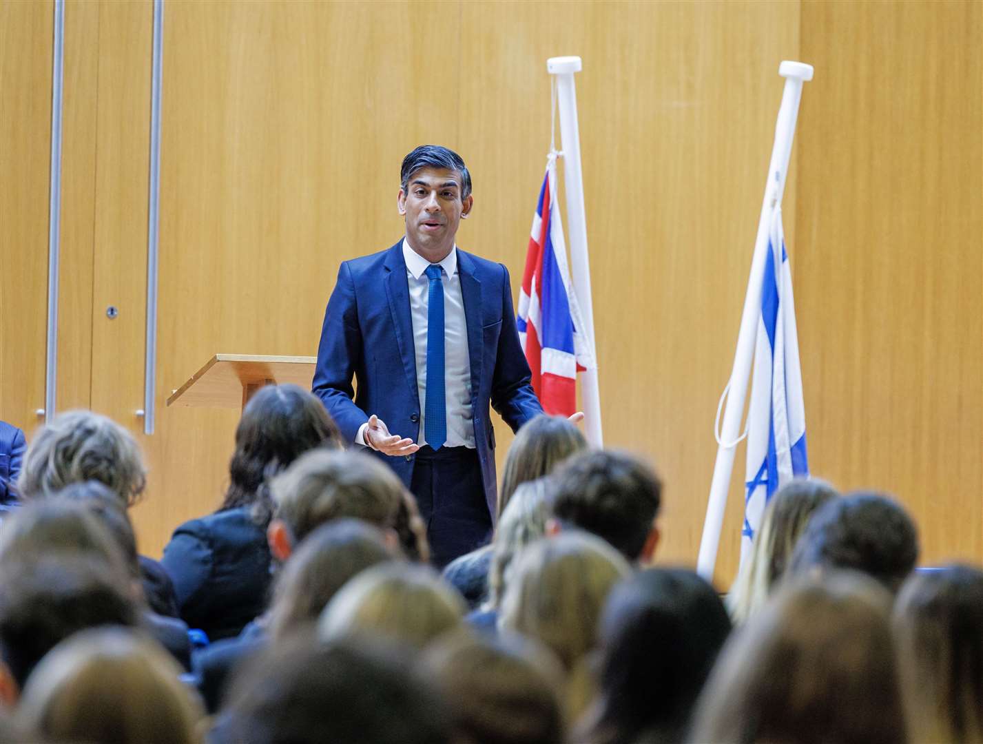 Prime Minister Rishi Sunak addressing an assembly during the school visit on Monday. (Jonathan Buckmaster/Daily Express/PA)