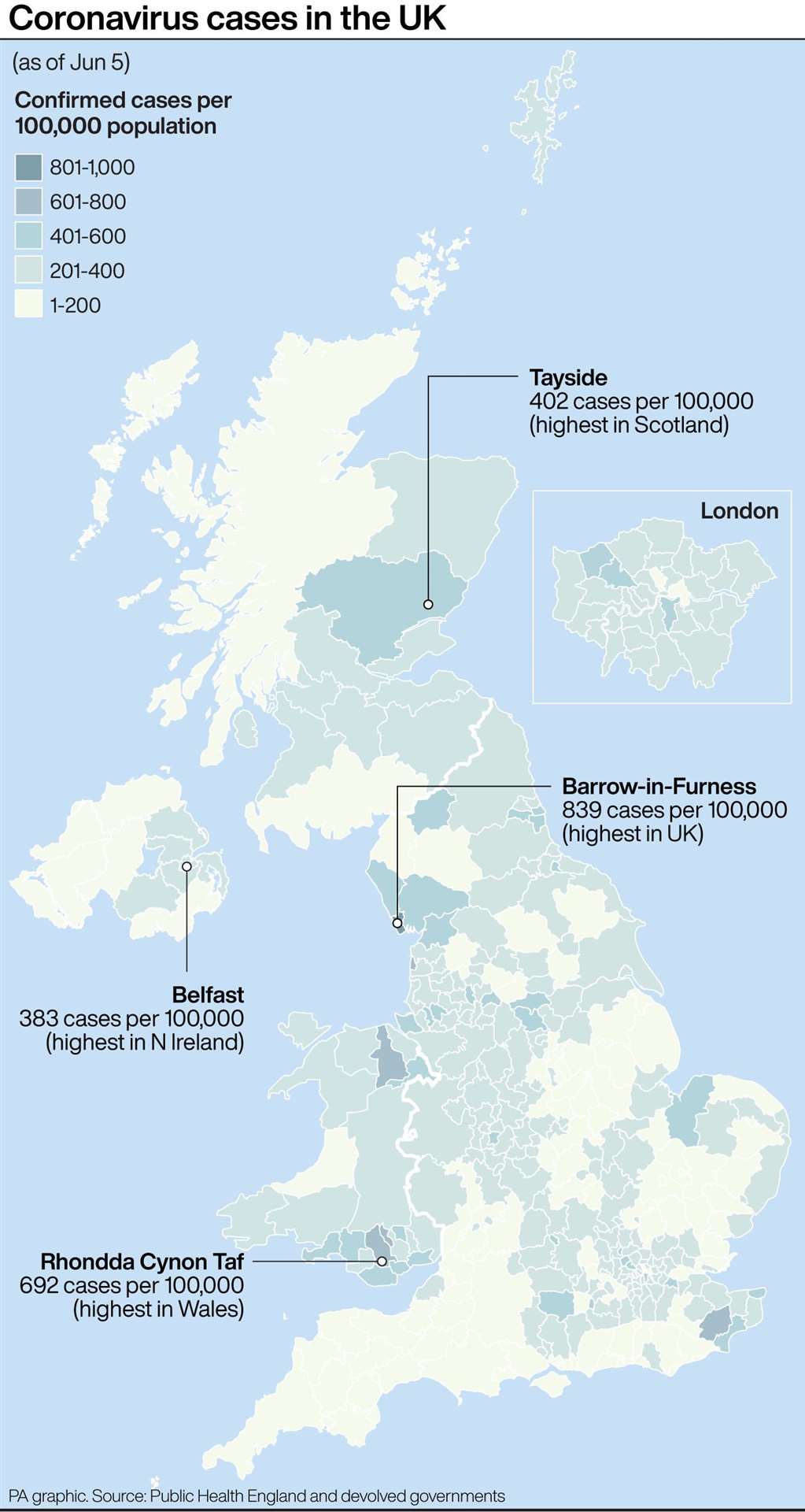 Coronavirus cases in the UK (PA Graphics)