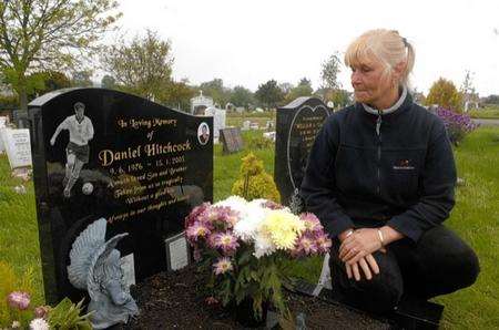 Betty Lilley beside her son Danny's grave in Herne Bay Cemetery.