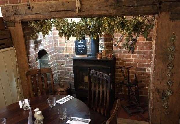 At the Woolpack, Chilham the fire wasn’t alight but there is a second inglenook fireplace in the restaurant