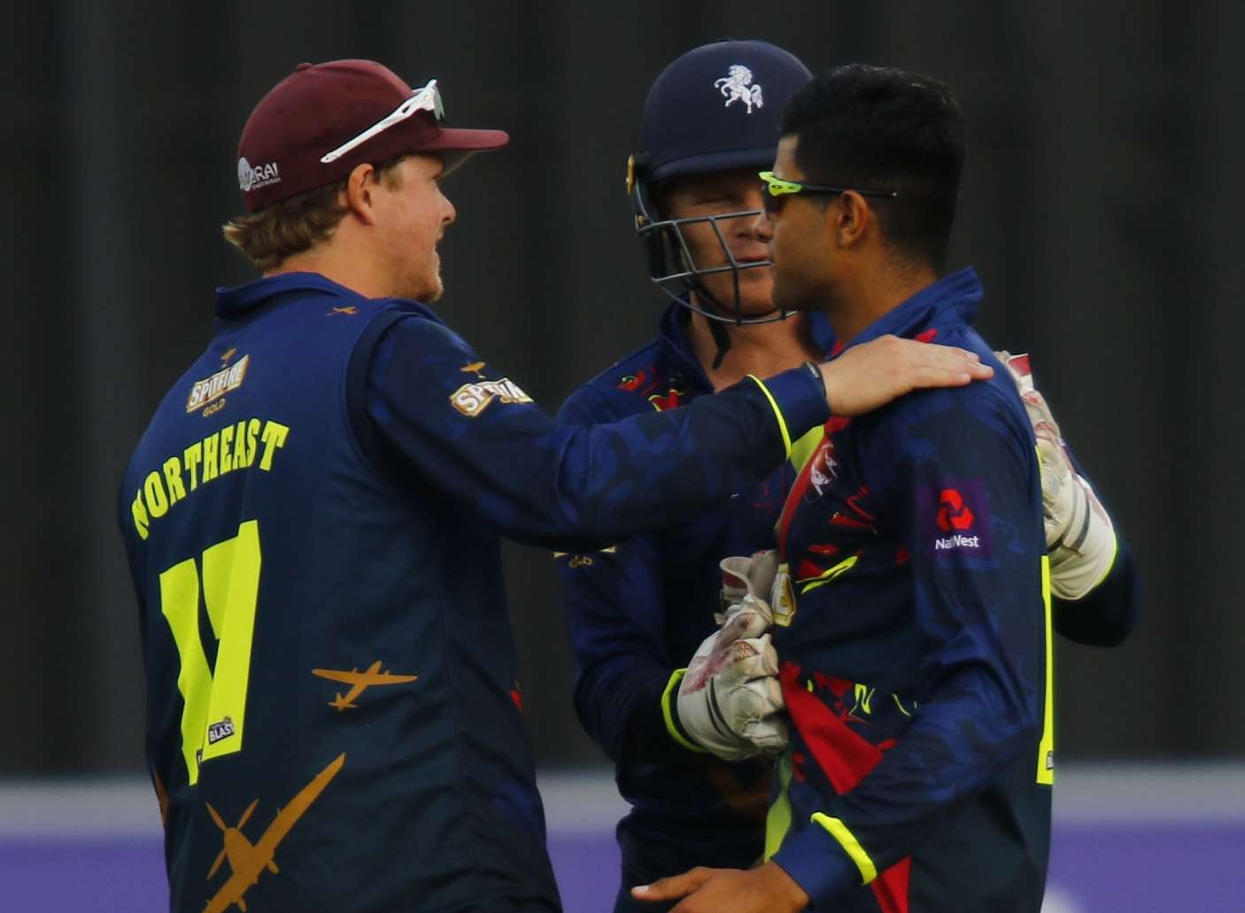 Imran Qayyum is congratulated on taking a wicket against Gloucestershire Picture: Andy Jones