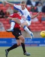 Danny Jackman puts in a robust challenge. Picture: BARRY GOODWIN