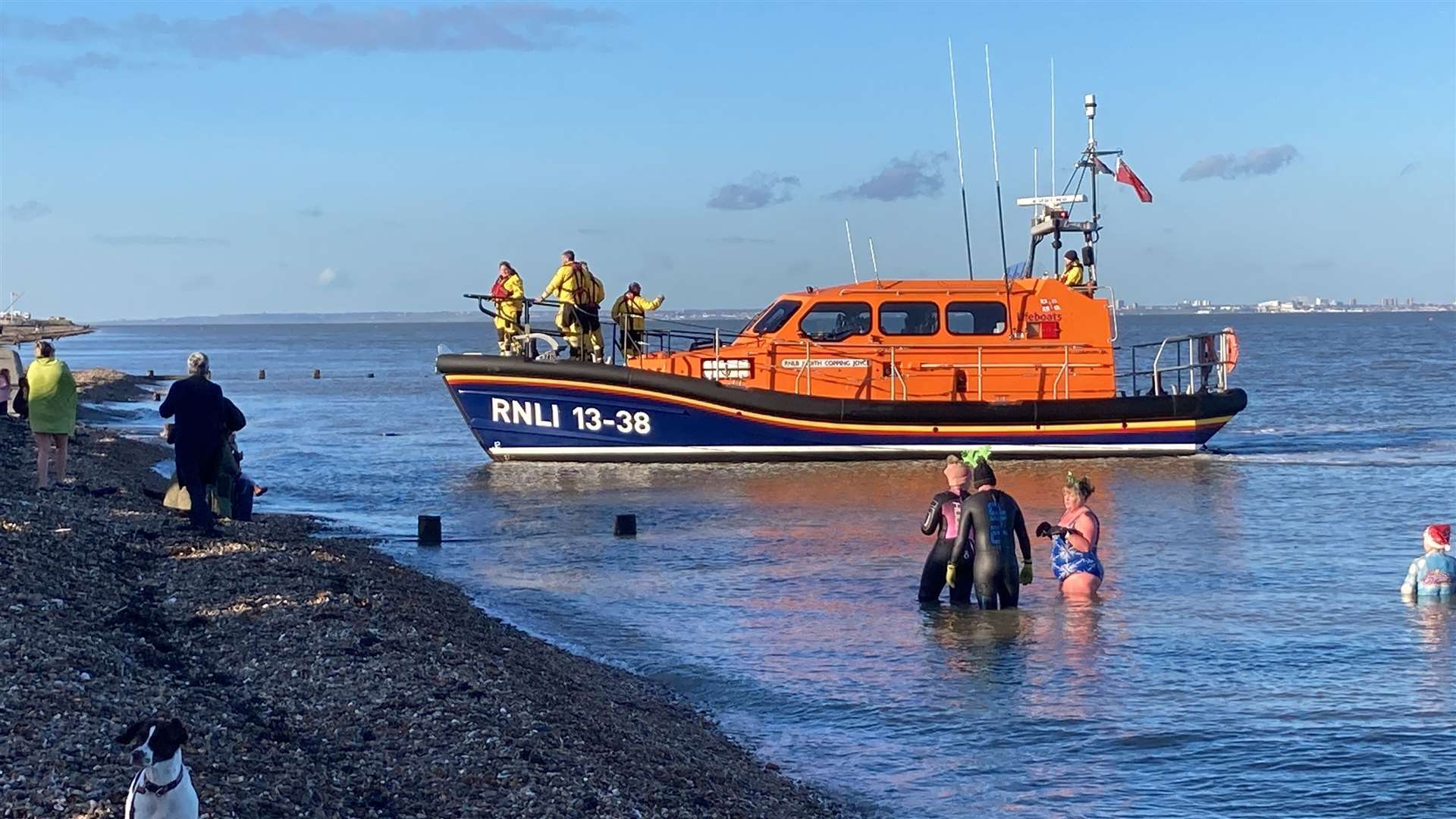 The Sheerness lifeboat joined swimmers on Boxing Day on The Leas at Minster, Sheppey. Picture: John Nurden