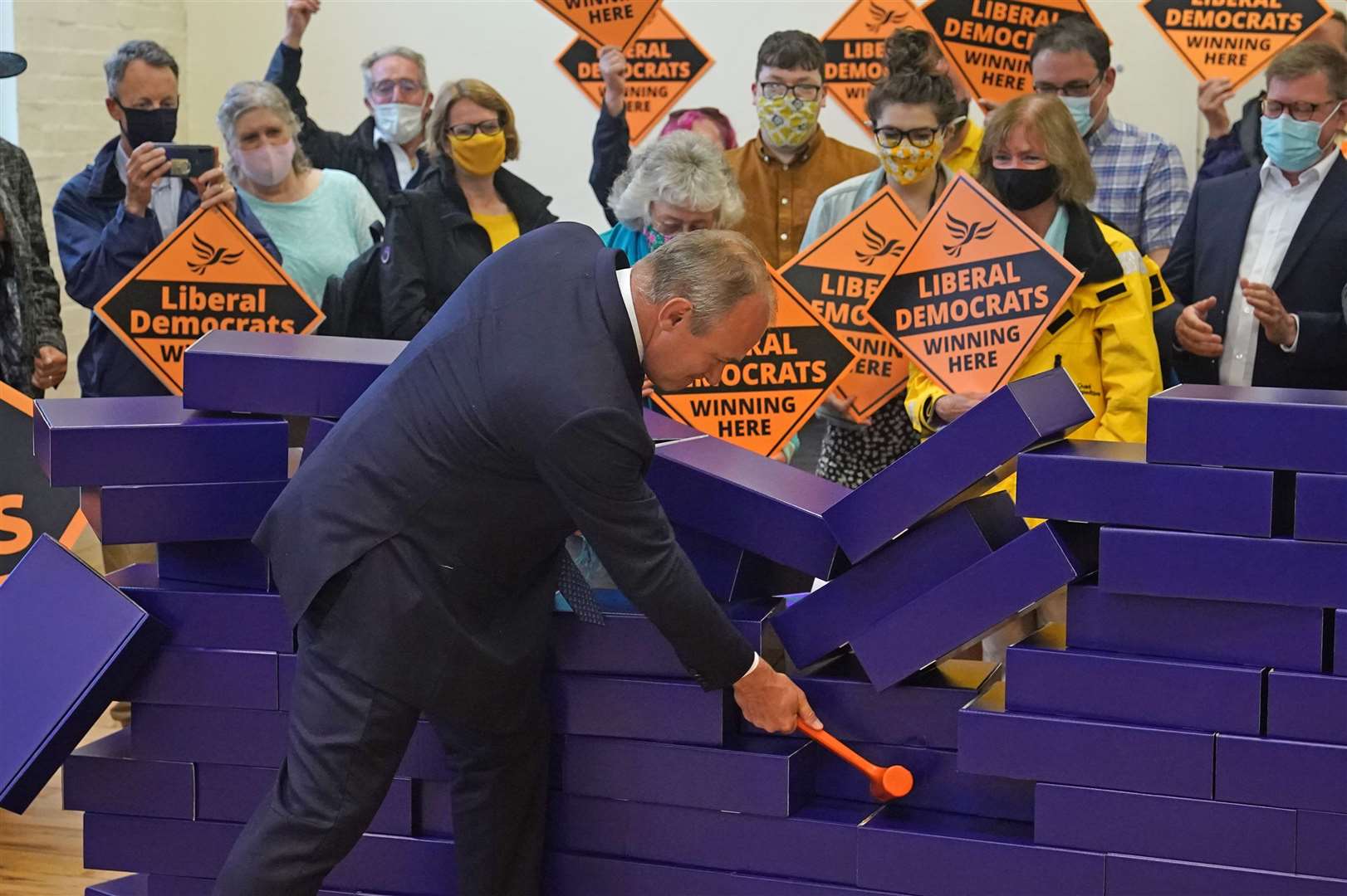 Sir Ed Davey celebrates the Lib Dem by-election victory in the Tory ‘blue wall’ seat of Chesham and Amersham (Steve Parsons/PA)