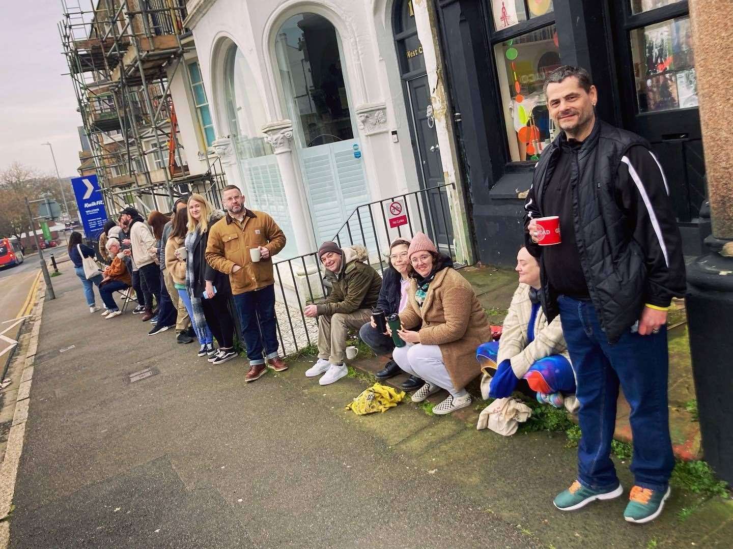 Music lovers queueing outside Vinyl Head Records in Ramsgate just before 8am this morning