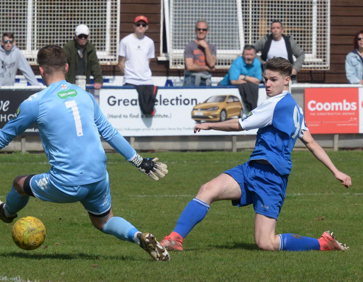 Prolific Jake Embery scores one of his 49 goals for Herne Bay Picture: Chris Davey
