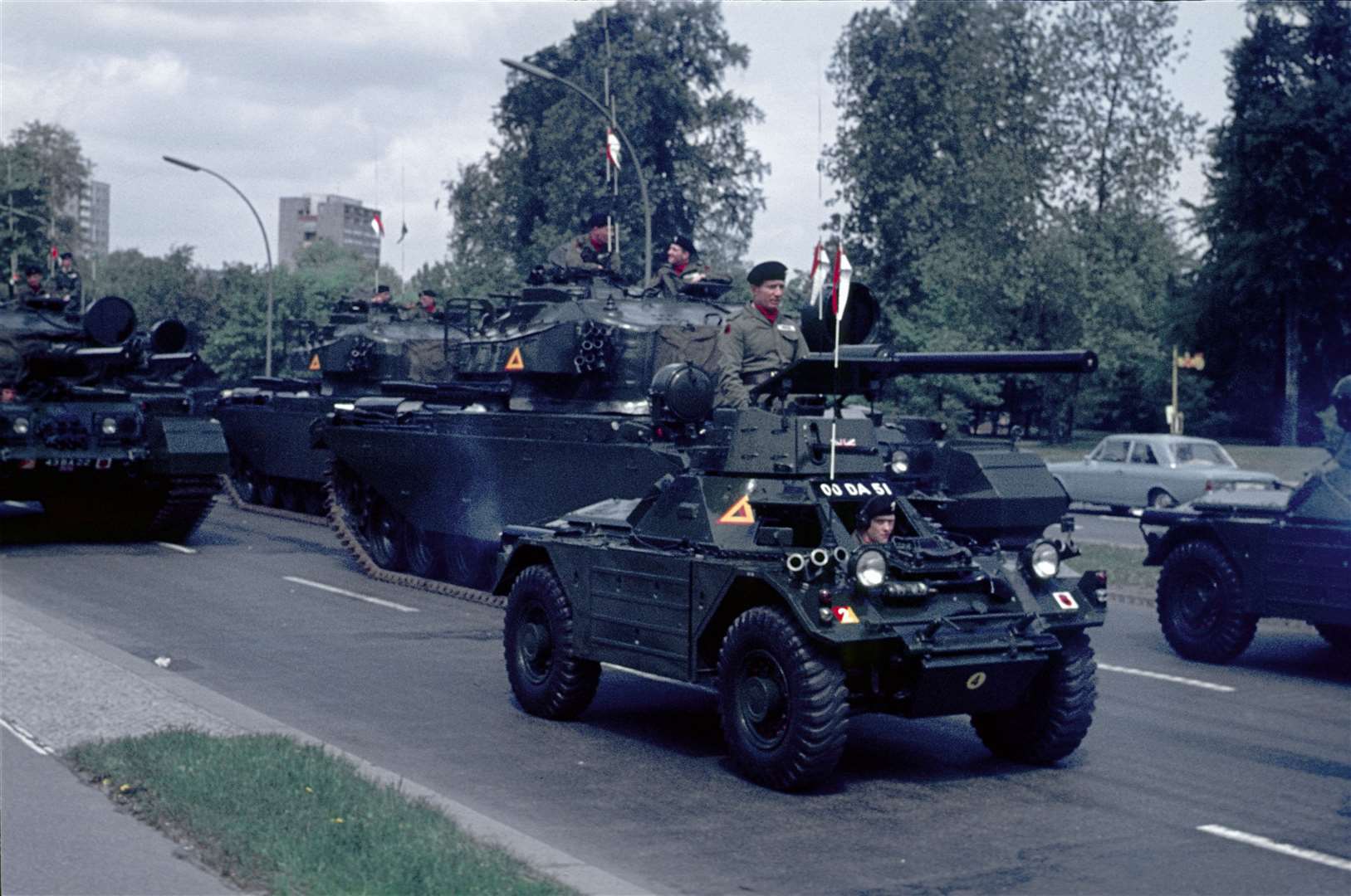Allied military vehicles parade in Tiergarten, West Berlin, 1965. Image from iStock and Atlantic-Kid