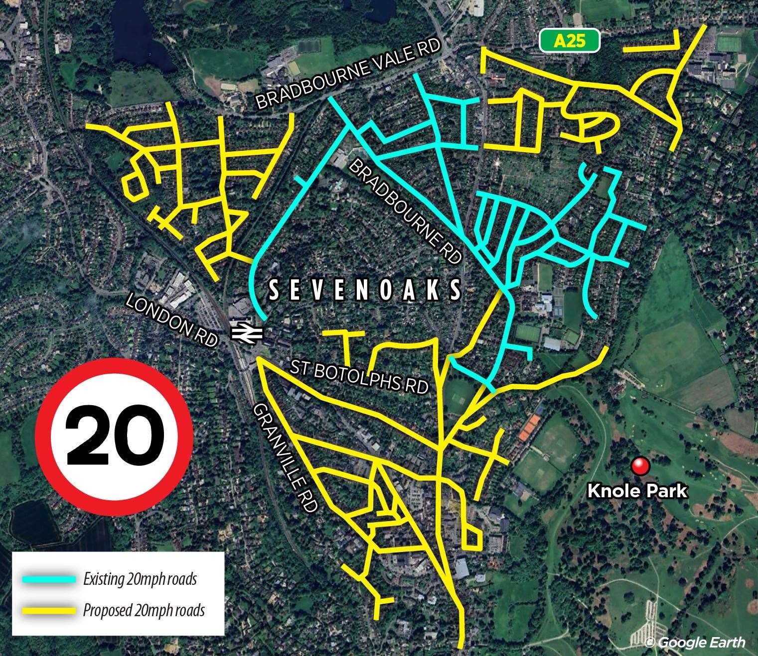 A map of the roads across Sevenoaks which will have 20mph limits as of October 1