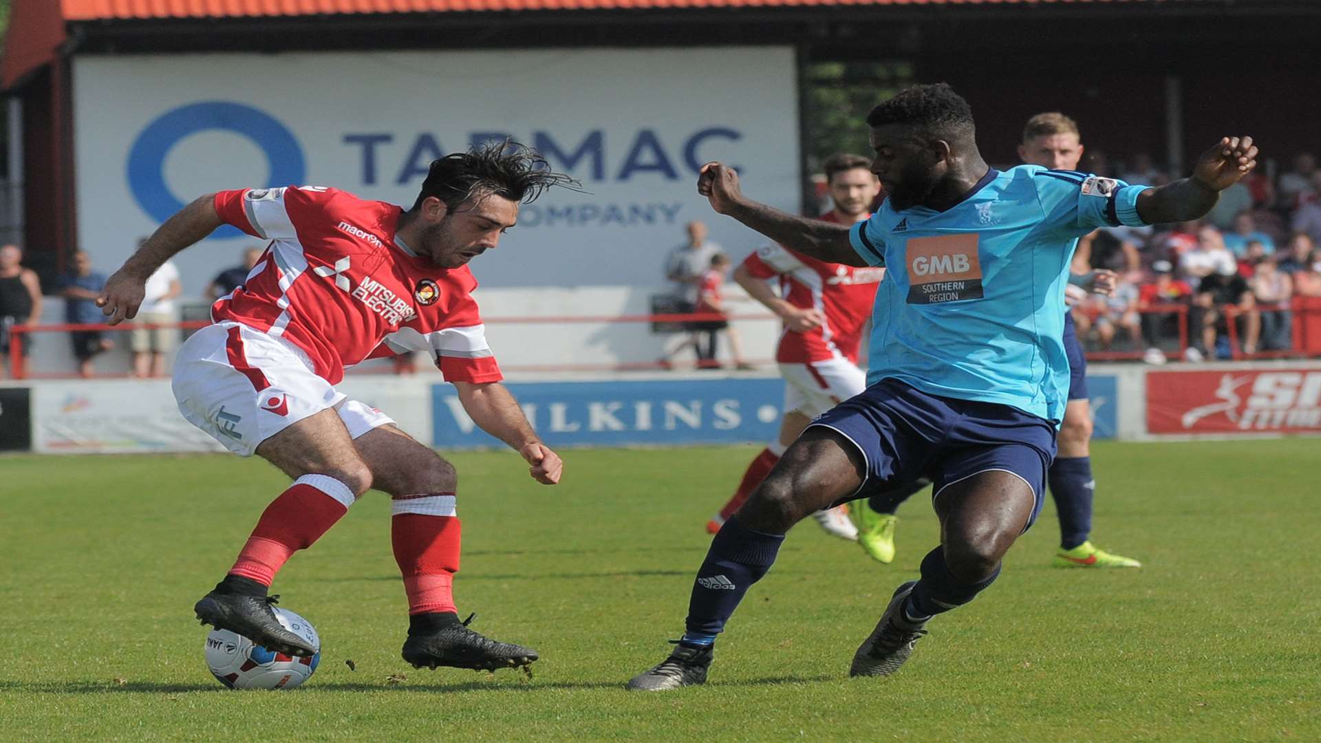 Sam Deering on the ball during last season's play-off semi-final between Ebbsfleet and Whitehawk Picture: Ruth Cuerden