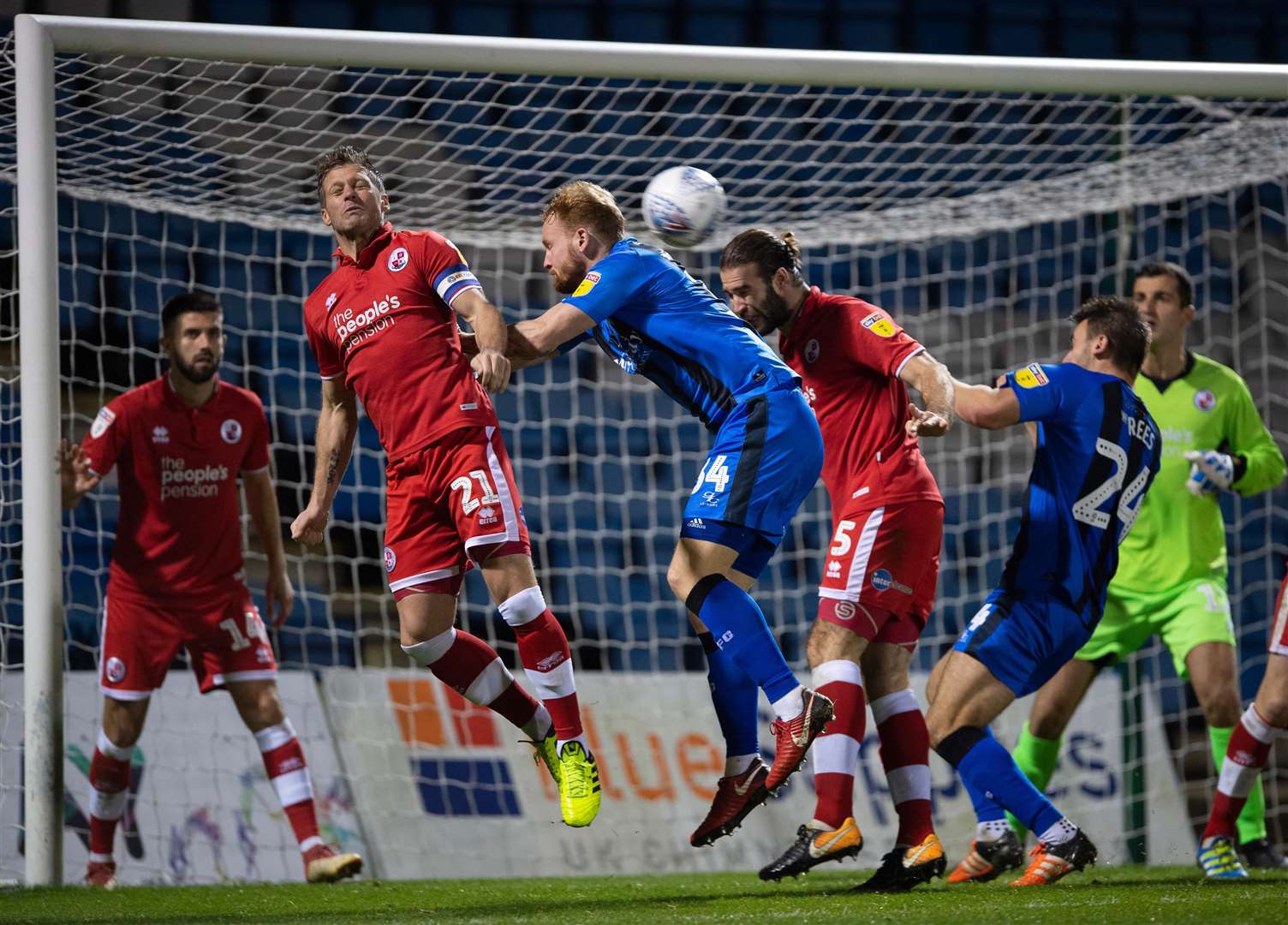 Connor Ogilvie challenges for the ball against Crawley Town Picture: Ady Kerry