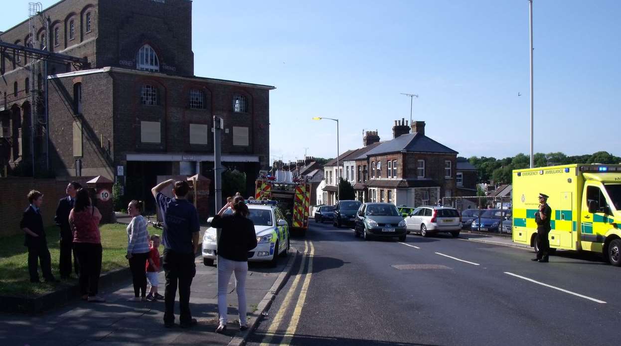 Emergency services at the scene of a former Ramsgate flour mill after a boy fell through the roof. Picture: Mike Pett