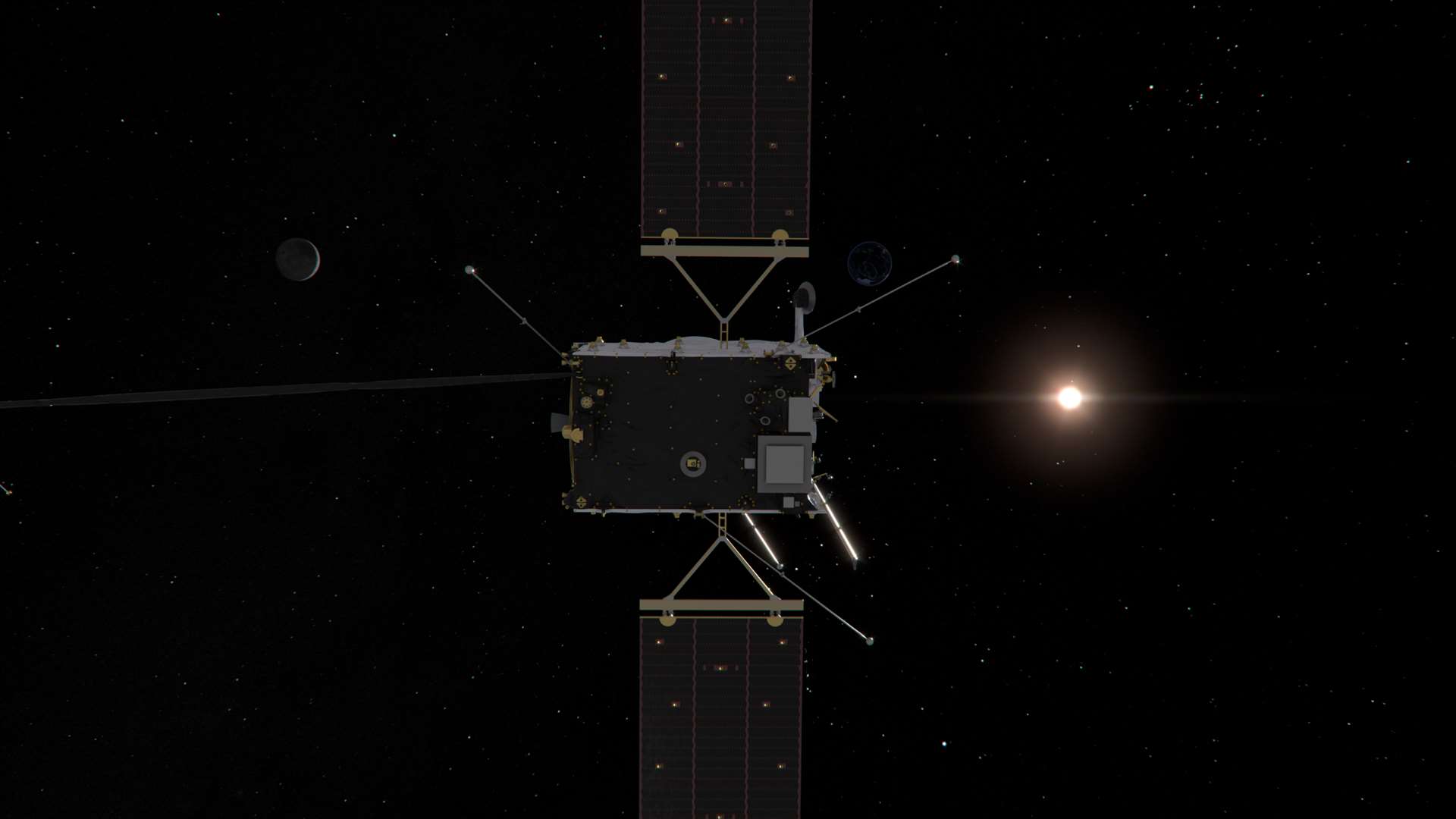 An artist’s impression of the Juice spacecraft cruising towards the moon and the Earth (European Space Agency)