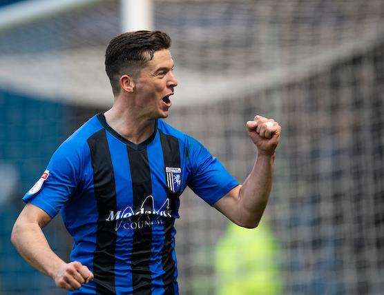 Callum Reilly celebrates scoring for Gillingham from the penalty spot Picture: Ady Kerry (6206644)