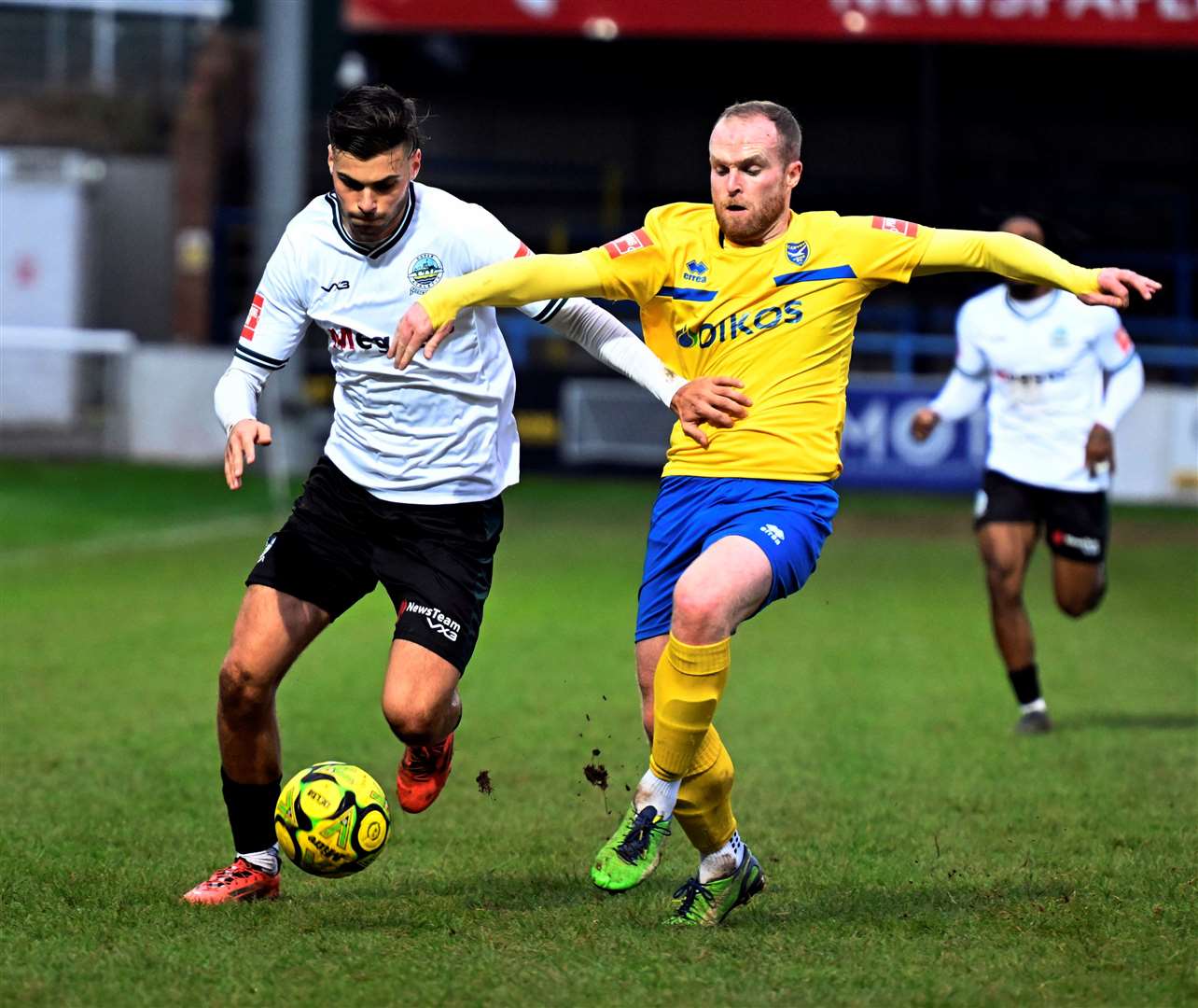 Dover's top scorer George Nikaj drives down the wing against Canvey Island. Picture: Barry Goodwin