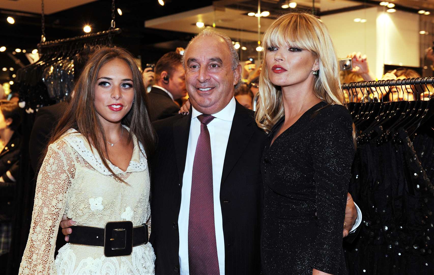 Kate Moss with Sir Philip Green and his daughter Chloe at the Oxford Street store (Fiona Hanson/PA)