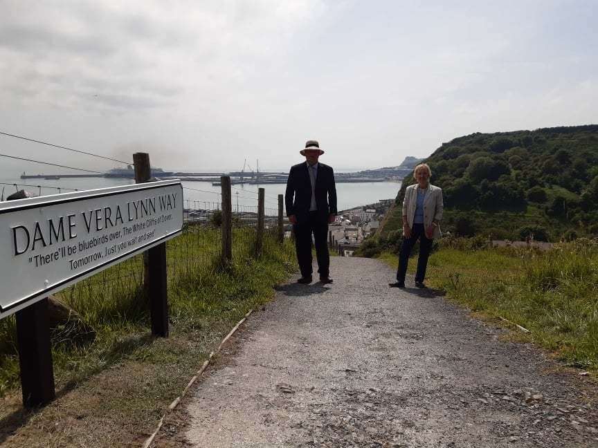 Cllr Graham Wanstall walks up Dame Vera Lynn Way with the late singer's daughter at the unveiling of the re-named walkway yesterday