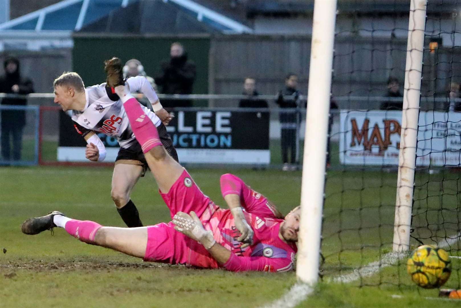 Ben Chapman watches on as Deal team-mate Archie Hatcher's shot beats keeper Slav Huk. Picture: Paul Willmott