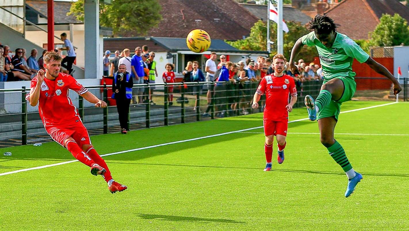 Whitstable's Kyron Lightfoot sends the ball over from the wing. Picture: Les Biggs