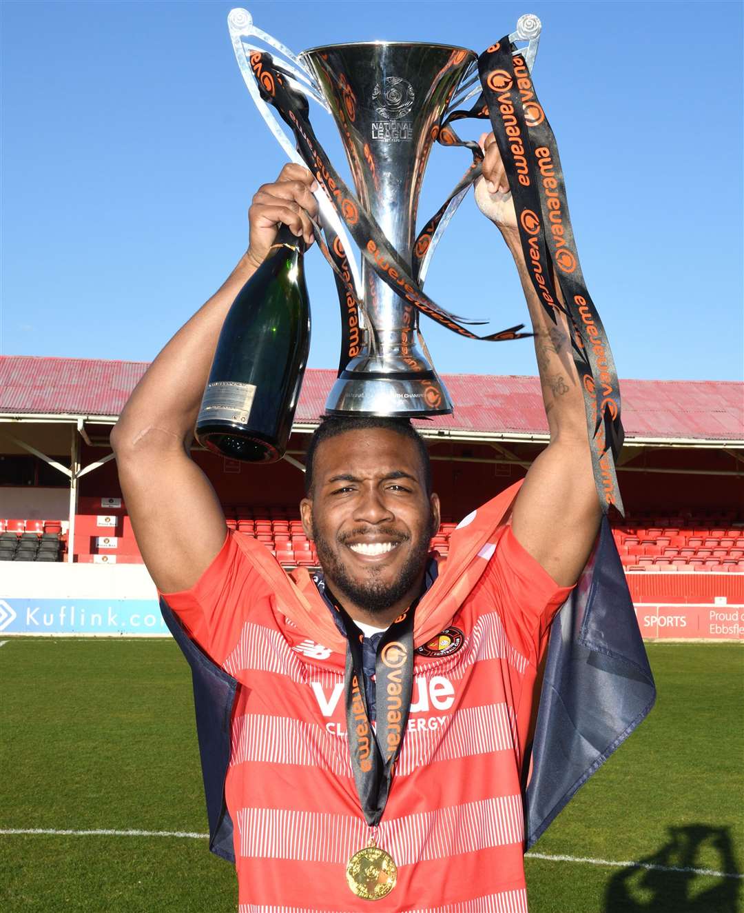 Dominic Poleon with the National League South trophy. Picture: Simon Hildrew