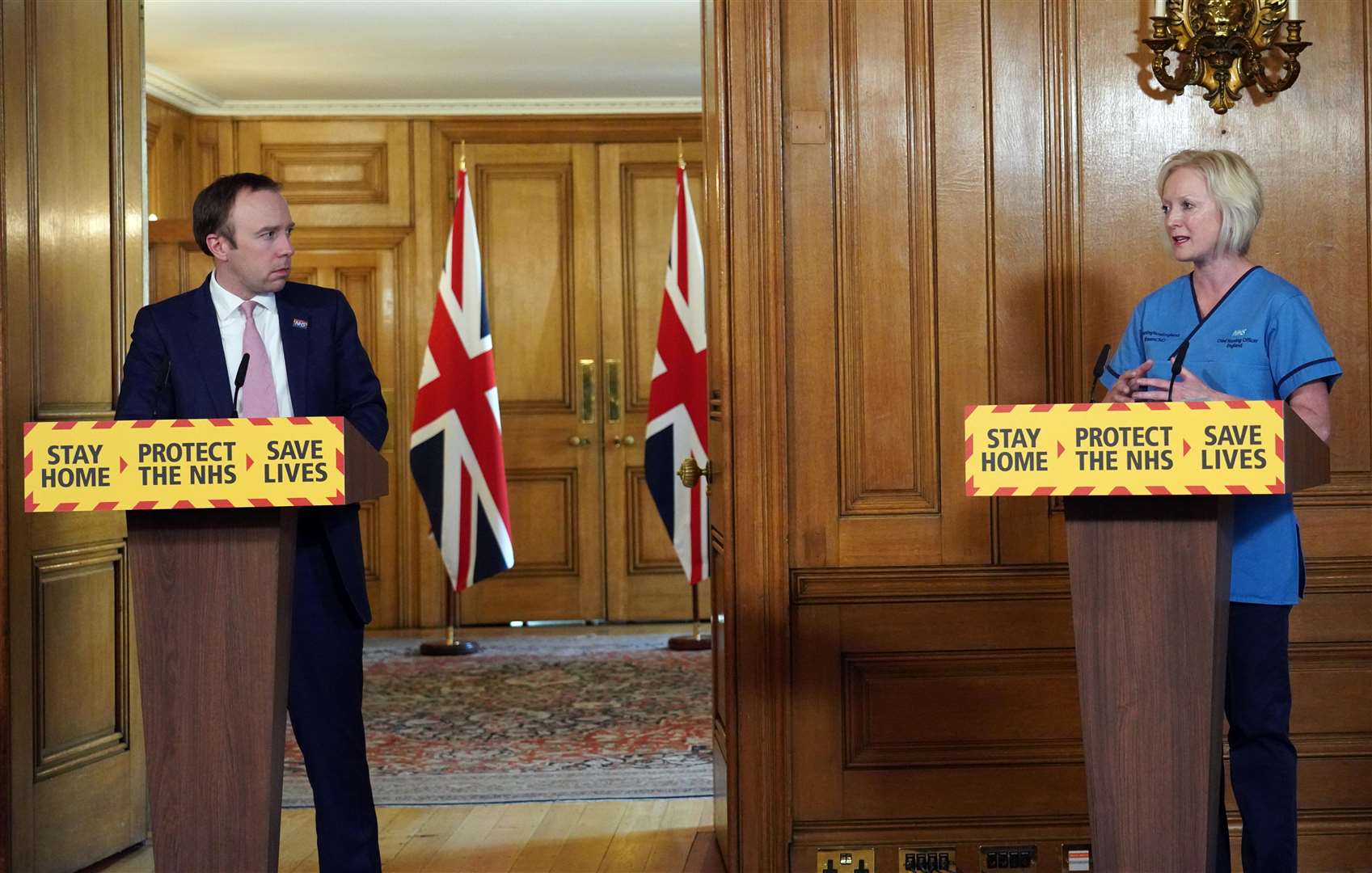 Ruth May and Matt Hancock during the press briefing on Friday (Pippa Fowles/Crown Copyright/10 Downing Street/PA)