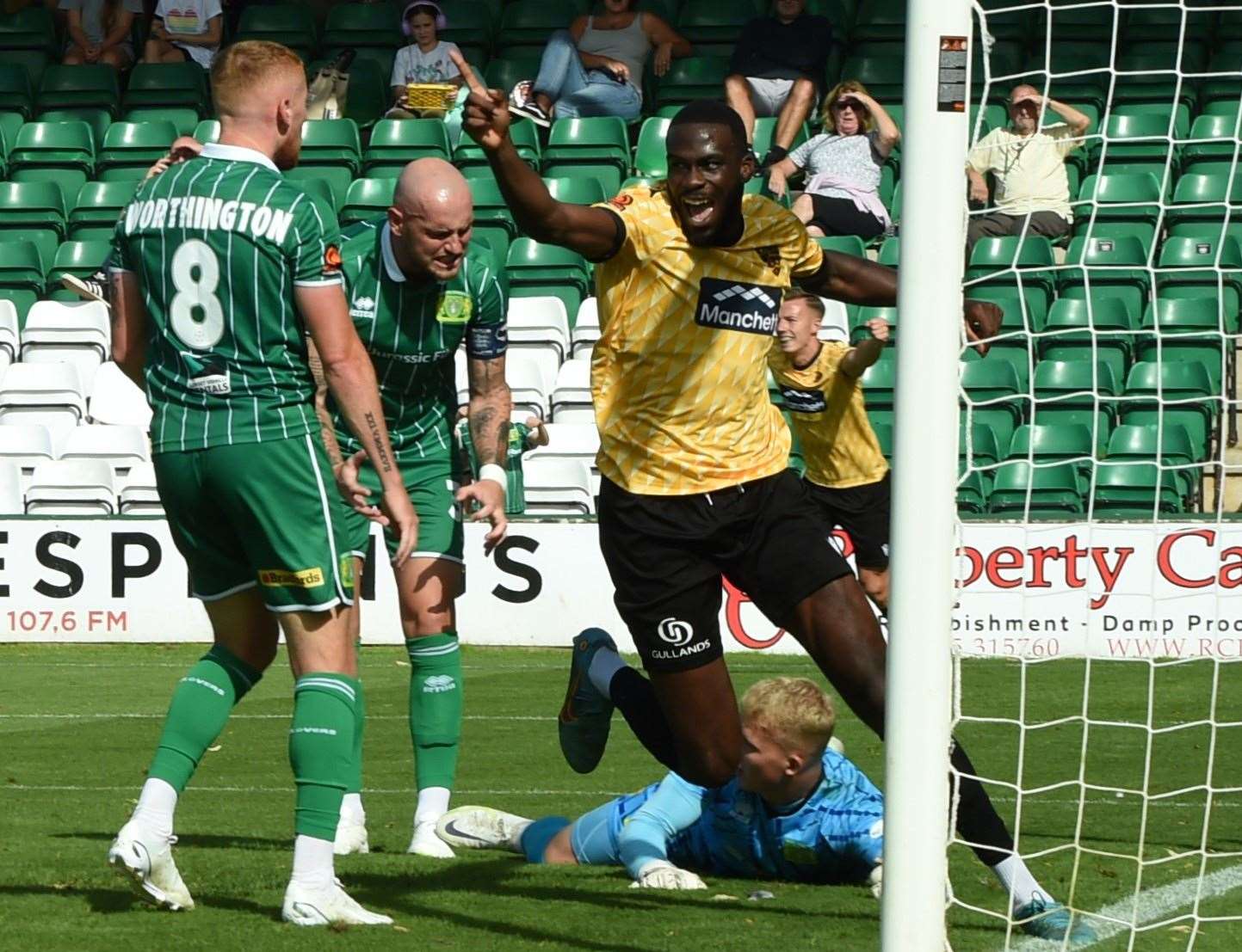 Maidstone striker Levi Amantchi celebrates his goal at Yeovil. Picture: Steve Terrell