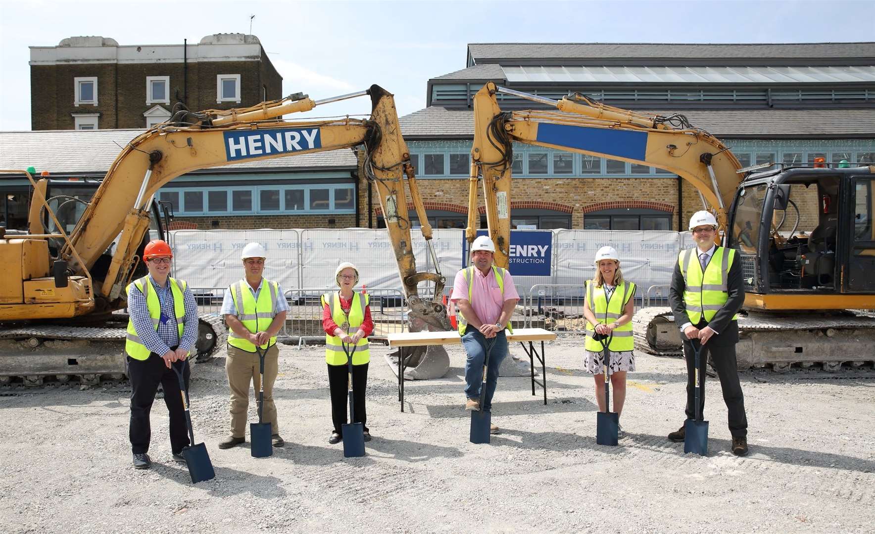 Cllr Lenny Roles, Leader of the council Cllr John Burden, Mayor of Gravesham Cllr Lyn Milner, Lee Bircumshaw Construction Director Henry Construction, Director of Corporate Service for the council Sarah Parfitt, Chief Exec of the council Stuart Bobby at the groundbreaking ceremony for The Charter development in Gravesend. Picture: Gravesham council