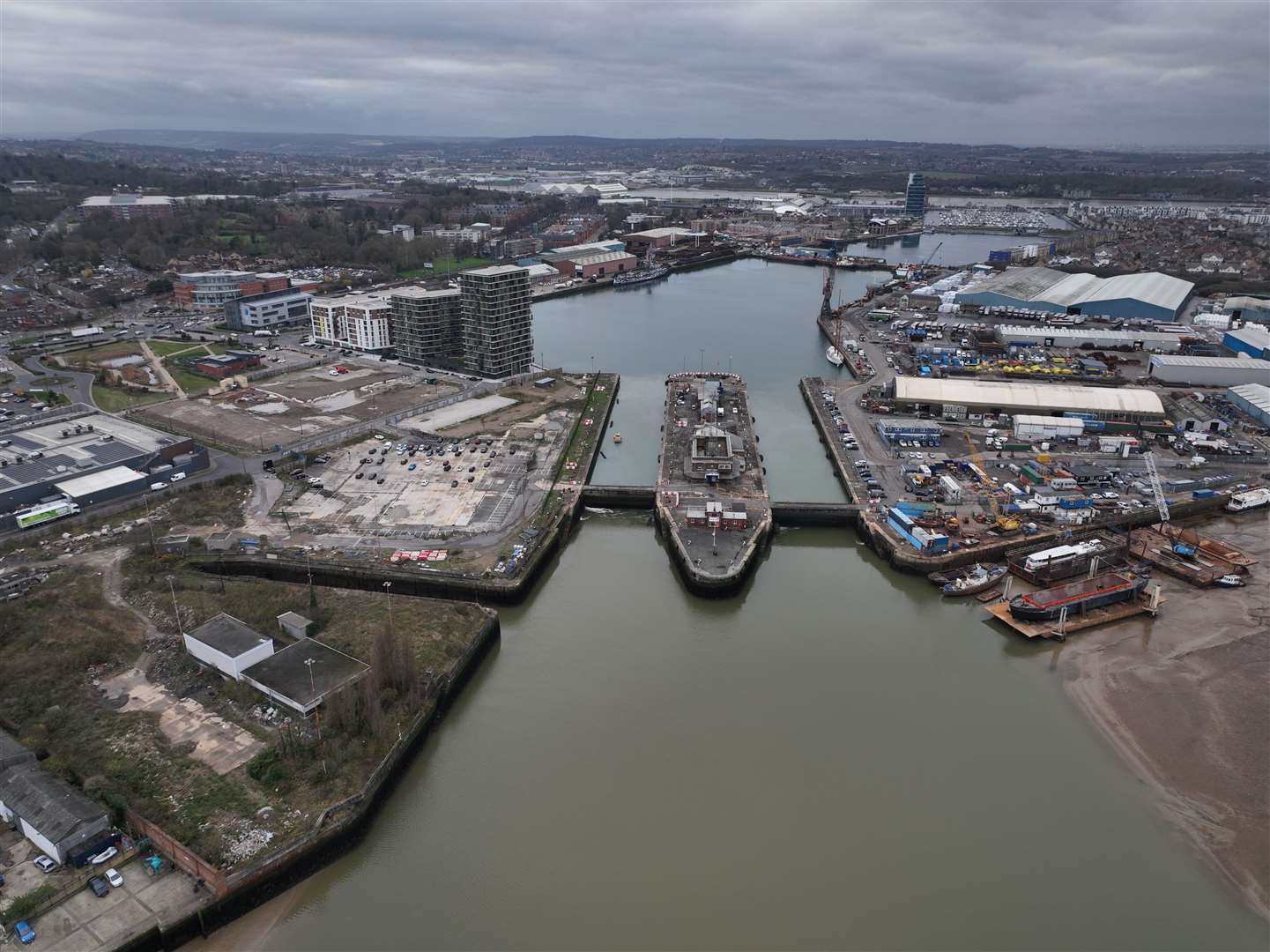 Chatham Docks, far left and right, could be home to 3,600 new homes and Chatham Waters, left foreground, which are subject to plans for redevelopment by Peel L&P. Picture: Phil Drew