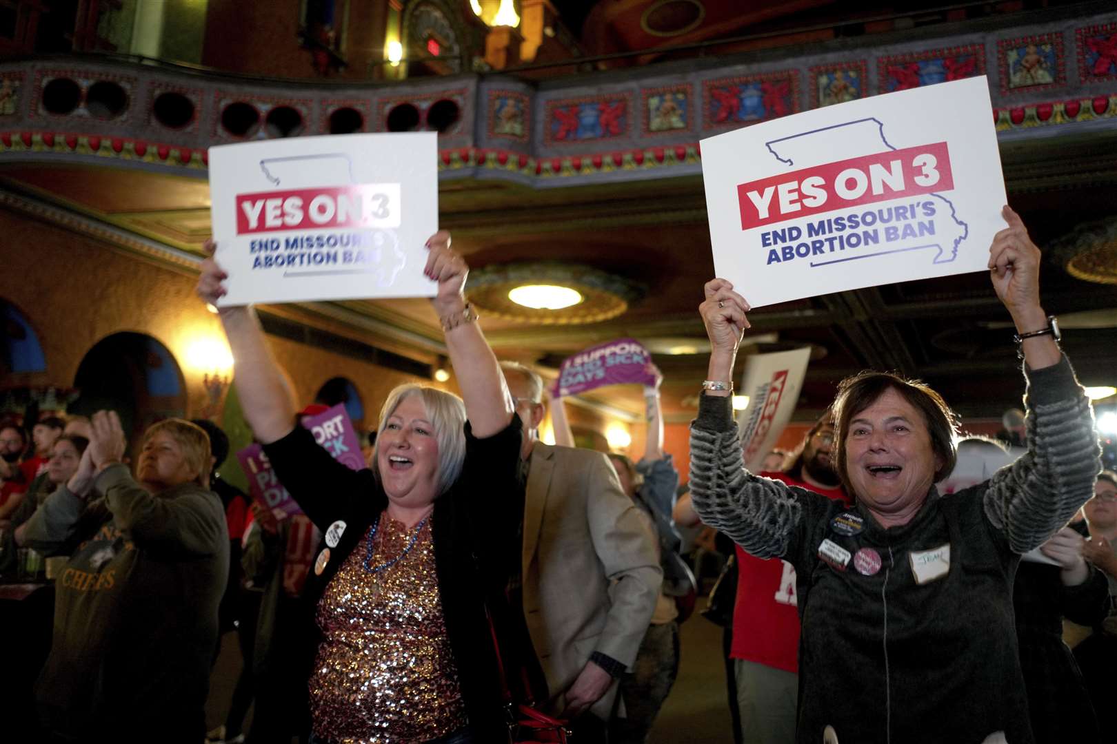 People at an election night watch party react after an abortion rights amendment to the Missouri constitution passed (Charlie Riedel/AP)